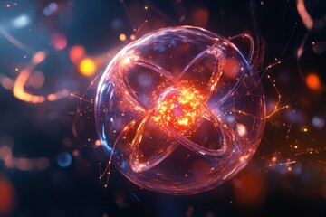 Poster - Illustration of a colorful atomic structure with glowing particles in a dark background
