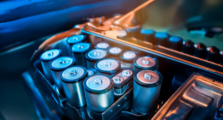 Fototapete - Close-up of silver cylindrical batteries neatly arranged within a machine, showcasing metallic components under vibrant blue and orange lighting in an industrial setting.