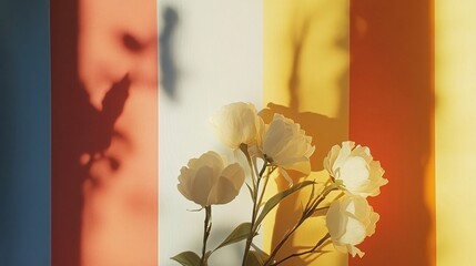 Poster - White peonies casting shadows on colorful background