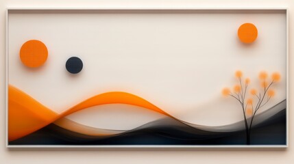 Poster - Abstract Landscape Artwork with Flowing Waves and Minimalist Tree Design in Orange and Black Colors