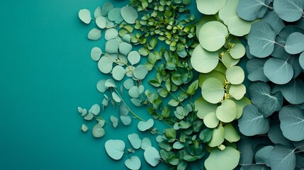 Aufkleber - Eucalyptus and ruscus leaves arranged on teal background creating a gradient effect