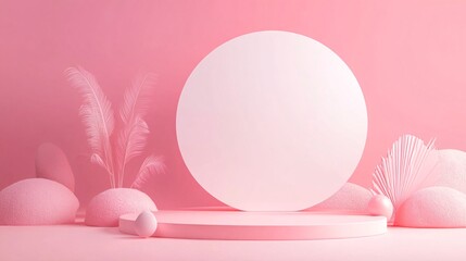 Aufkleber - Pink podium displaying cosmetics with feathers and rocks