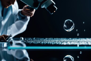 Poster - Research experiment involving microscopy and water droplets captured in a laboratory setting