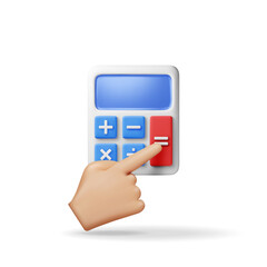 Poster - 3D modern calculator in hand isolated. Render mathematics icon. Addition, subtraction, multiplication and division buttons. Arithmetic operations. Financial math device calculate. Vector illustration