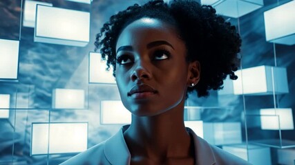 Poster - Visionary African American Woman: A contemplative young African American woman gazes upwards with a look of deep thought and inspiration, surrounded by a futuristic grid of digital screens.