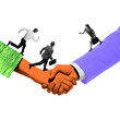 © master1305 - Surreal digital artwork. Corporate handshake transformed into bridge with running employees, symbolizing teamwork, opportunities, progressive deal-making. Concept of business, career, success.