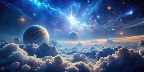 Wall Mural - Ethereal night sky with glowing stars and planets amidst fluffy clouds , soft focus, galactic,  soft focus, galactic