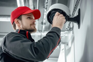 Poster - Security specialist installs surveillance equipment for enhanced protection