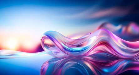 Leinwandbilder - Iridescent wave with smooth curves reflecting light, set against a gradient backdrop of soft pink, blue, and orange hues, evoking a sense of fluidity and modern abstract art.