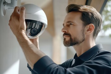 Poster - Security specialist installs surveillance equipment in modern indoor location
