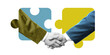 © master1305 - Contemporary art collage. Conceptual design. Handshake forming puzzle pieces. Strategic cooperation, perfect fit, successful negotiations. Concept of business, synergy, problem-solving, partnerships.