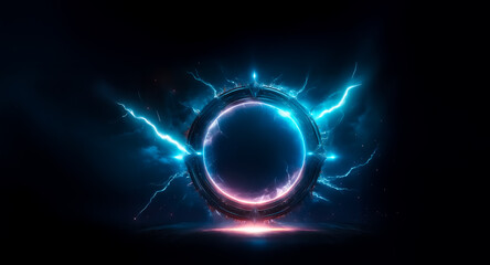 Fototapete - Glowing circle emits blue and pink light, surrounded by electric sparks in a dark space. Energy radiates from the portal.