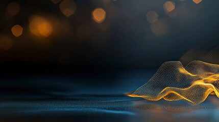Poster - Abstract wave pattern with glowing lights in blue and gold tones creating a serene digital landscape of fluid motion