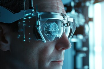 Poster - Advanced technology enhances vision through innovative smart eyewear in a modern lab