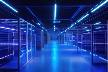 Poster - Modern data center illuminated by blue lights with organized server racks and clear pathways