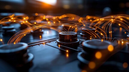 Poster - Abstract close-up of glowing circuits with dynamic light trails and knobs in a futuristic digital environment