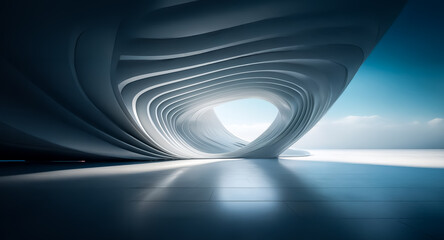 Poster - Smooth curved white walls create an abstract architectural tunnel, leading to a bright opening with a blue sky and white ground in the distance.