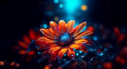 Leinwandbilder - Radiant orange and blue flower with dew drops, bokeh lights, and a dark backdrop creates a dreamy, vibrant, and enchanting floral scene.