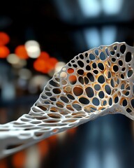 Poster - Abstract sculpture with intricate holes and soft curves, highlighting modern design and artistic expression in a blurred background