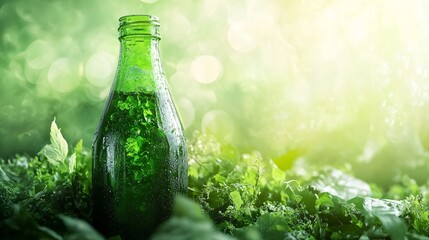 Fototapete - Green glass bottle standing on lush foliage in sunlight