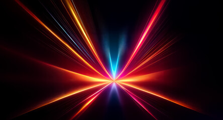 Fototapete - Vibrant light beams radiate from a central point in this abstract image. Blue, orange, and red streaks illuminate the dark background with futuristic energy.