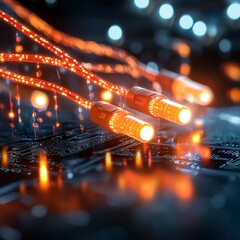 Poster - Close-Up of Glowing Fiber Optic Cables on Circuit Board in Futuristic Technology Background