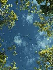 Wall Mural - skyward gaze, leaves dancing against an azure canvas with fleeting clouds
