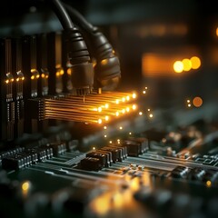 Poster - Close-Up of Electric Connections on a Circuit Board with Glowing Components and Illuminated Wires in a Dark Environment