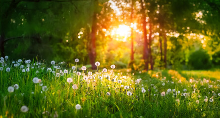 Poster - Sunlight streams through trees onto a grassy field filled with dandelions. A peaceful nature scene in a bright, lush forest.