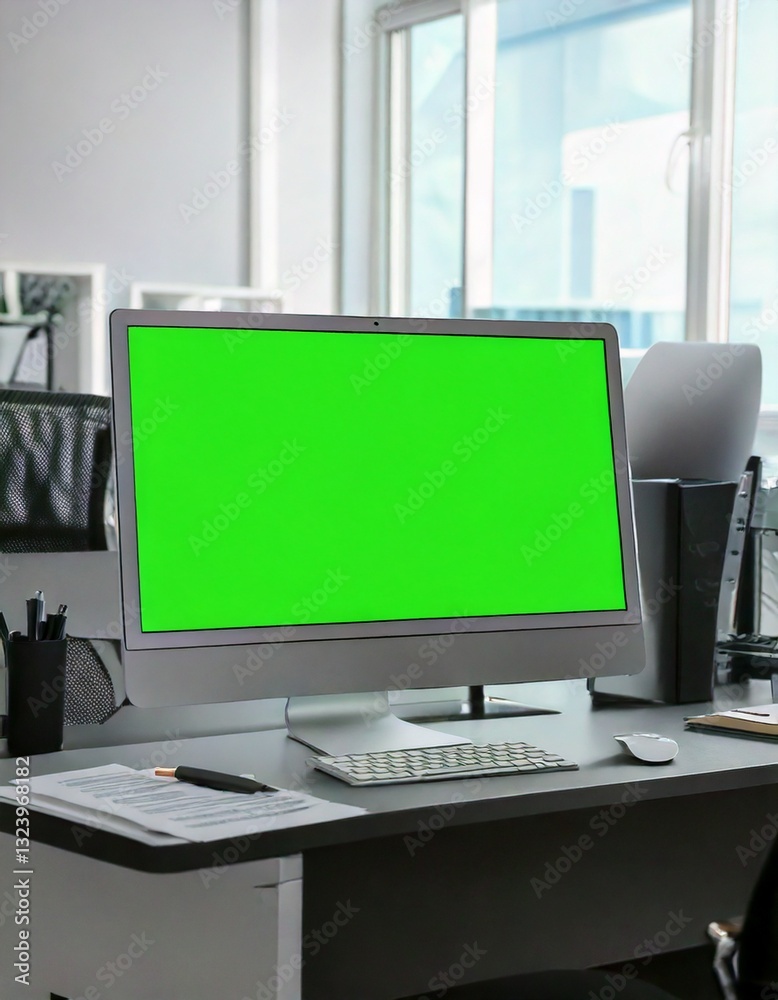 Workstation Setup Featuring a Computer Monitor with a Green Screen for Video Production

