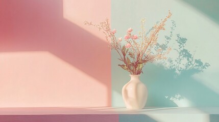 Poster - Flowers in vase casting shadows on pastel pink and green wall