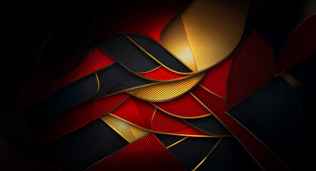 Leinwandbilder - Abstract background with layered shapes in red, gold, and black hues, creating a visually striking and modern decorative design.