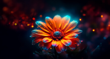 Poster - A radiant orange flower with glowing blue edges, illuminated against a dark backdrop with soft bokeh lights, creating a vibrant and enchanting floral display.