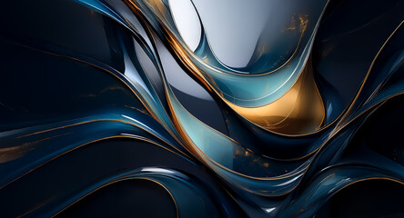 Poster - Abstract artwork featuring flowing, curved shapes in shades of dark blue, teal, and gold.  The design evokes a sense of movement and elegance with its smooth, glossy texture and dynamic lines.