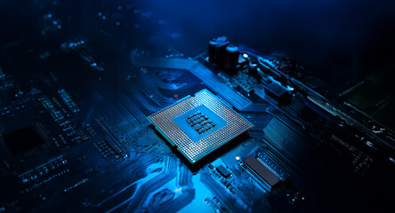 Poster - A central processing unit chip is positioned on a detailed, dark circuit board, highlighted with a blue light effect. It represents technology, computing and electronic components.