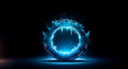 Fototapete - A glowing blue circular portal with spiky edges emits bright light against a dark backdrop, creating a futuristic and mysterious atmosphere.