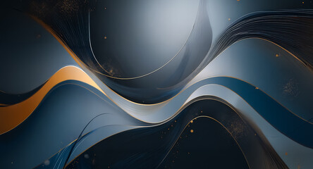 Fototapete - Abstract waves of blue and gold flow smoothly in a gradient backdrop. Elegant, modern design with metallic accents. Refined style.