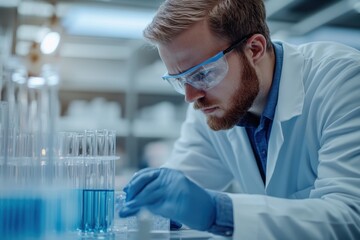 Poster - Scientist conducts experiment in laboratory with test tubes and blue liquids