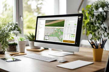 Poster - A contemporary workspace showcases a sleek computer displaying detailed mapping data, surrounded by lush indoor plants and an organized desk, creating a serene atmosphere for productivity
