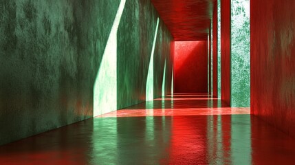 Leinwandbilder - Light beams illuminating long corridor with green and red walls