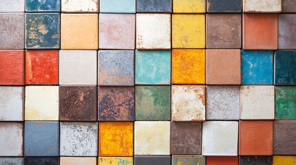 Poster - Colorful ceramic tiles forming a textured mosaic wall, creating a vibrant and decorative surface