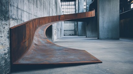 Poster - Modern rusted steel sculpture winding through concrete industrial building