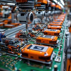 Poster - Advanced machine engaged in precision work on a circuit board in a high-tech manufacturing facility