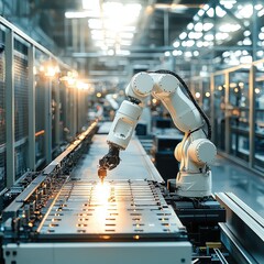 Poster - A robot efficiently working on a conveyor belt within a high-tech manufacturing environment