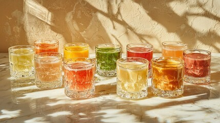 Poster - A beautiful variety of glasses with different shapes and sizes arranged on a wooden table