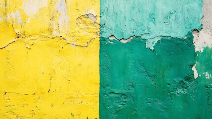 Poster - Yellow and green paint peeling from old wall creating textured background