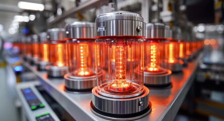 Poster - In a futuristic laboratory, multiple quantum devices illuminate with a vibrant orange glow. These intricate machines represent cutting-edge technology vital for quantum computation and data analysis.