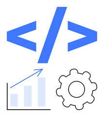 Code tag with gear and growth chart indicating programming, technology, and optimization. Ideal for coding, software development, tech innovation, data analysis, system improvement, business growth