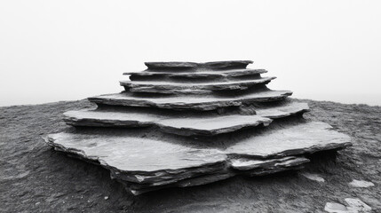 A high-contrast image of a spiraling staircase of rocks on a windswept beach, where each layer