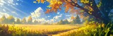 Vibrant fantasy autumn scene with lone tree in golden field under clear evening sky, whimsical 2D illustration style for video game background or animated movie concept art, detailed digital painting 